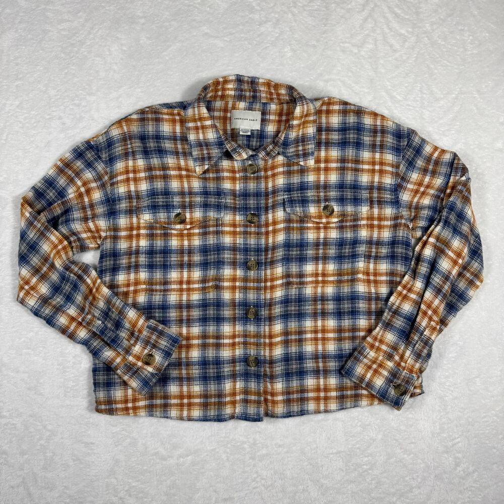 American Eagle Plaid Flannel Cropped Long Sleeve Plaid Button Down Women's XS